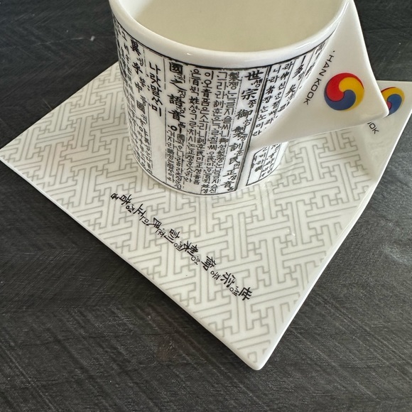 Hancook Fine Bone China w/Korean Writing Asian Triangle Handle Tea Cup Saucers - Picture 5 of 5